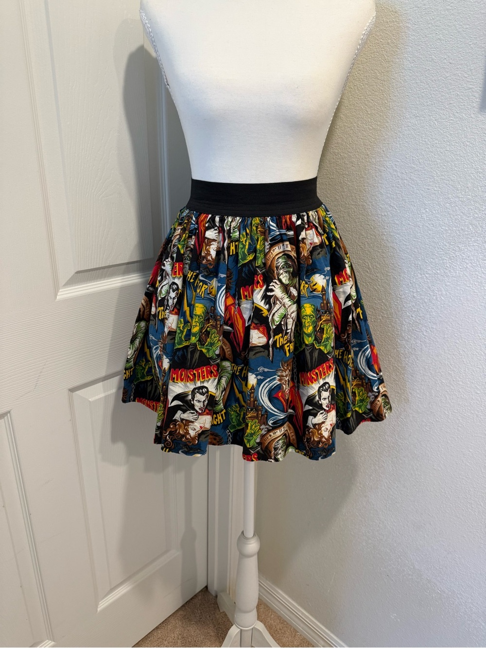 Vintage-Inspired Womens Black Waist Skirt with Monster Print